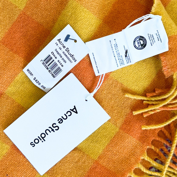 NWT $420 Acne Studios Veda Checked Wool Big Logo Scarf 80"x37" Orange Purple - Picture 11 of 13